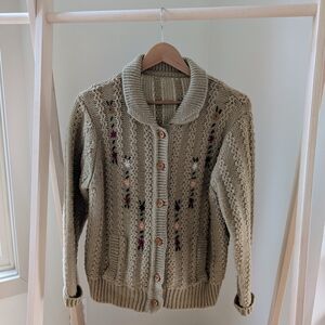 Vintage Floral Embroidered Collared Cable Knit Cardigan Sweater In Taupe